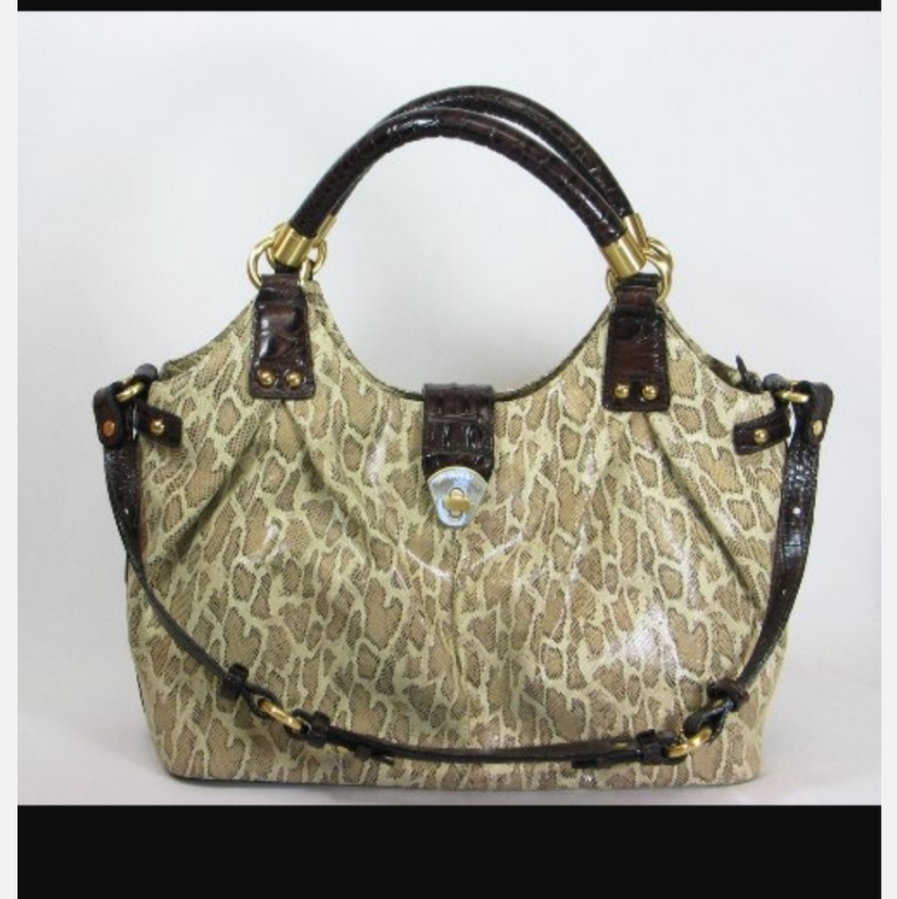 Brahmin Beige Snake-Print Satchel with Dark Brown Trim